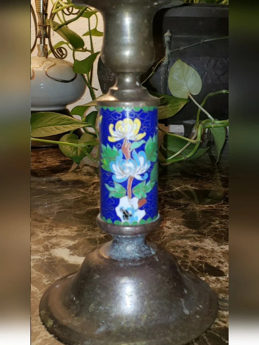 Vintage Cloisonne Enamel & Brass Ornate Candle Stick Holder
